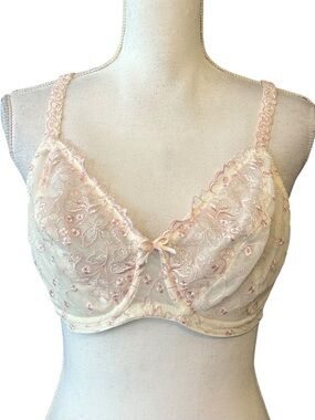 Lunaire Unlined Floral Embroidered Underwire Bra SZ 34DD in Ivory Pink